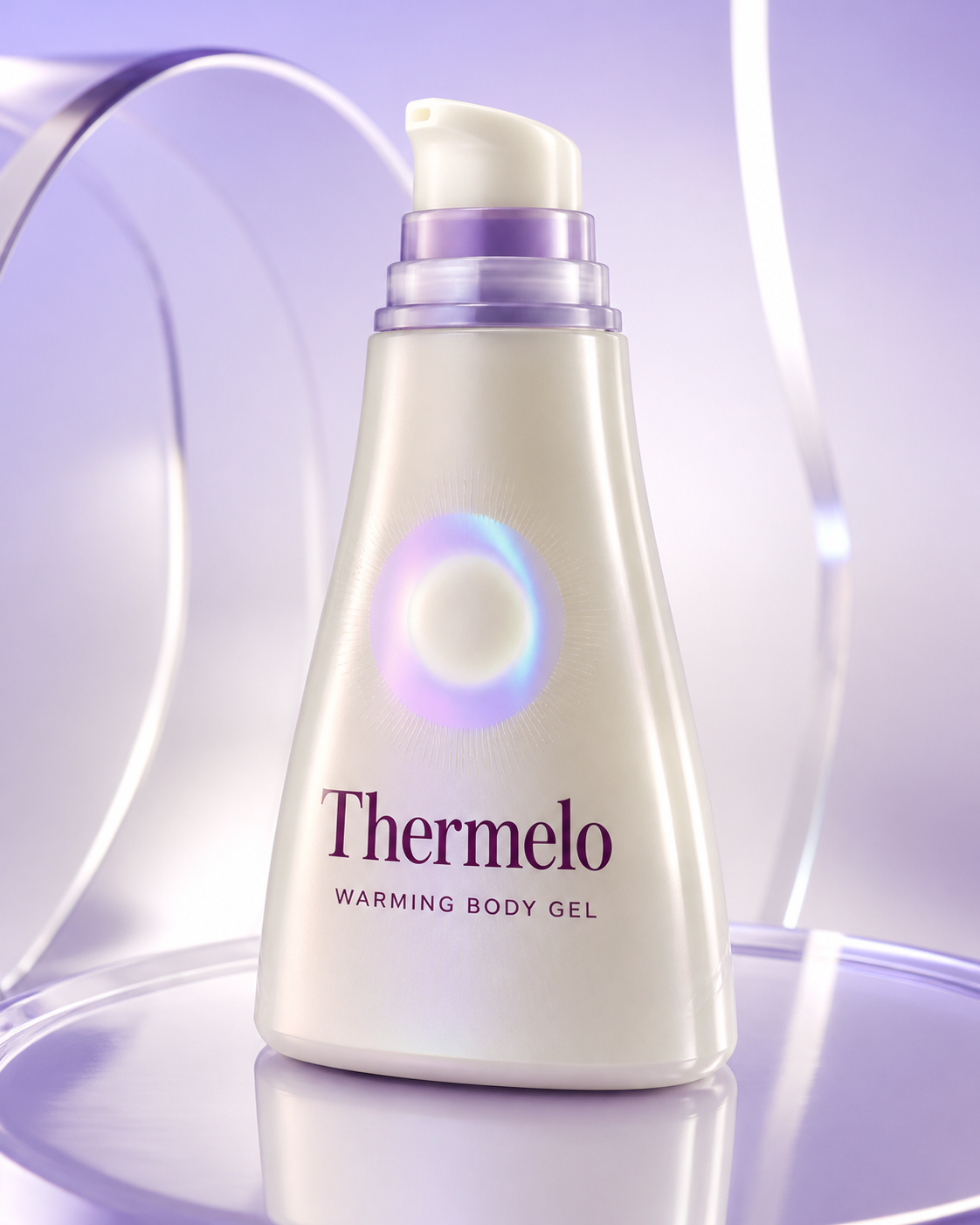 Thermelo Wärmendes Körpergel in der 200-ml-Pumpflasche aus perlmuttfarbenem Elfenbein vor einem lilafarbenen Verlauf